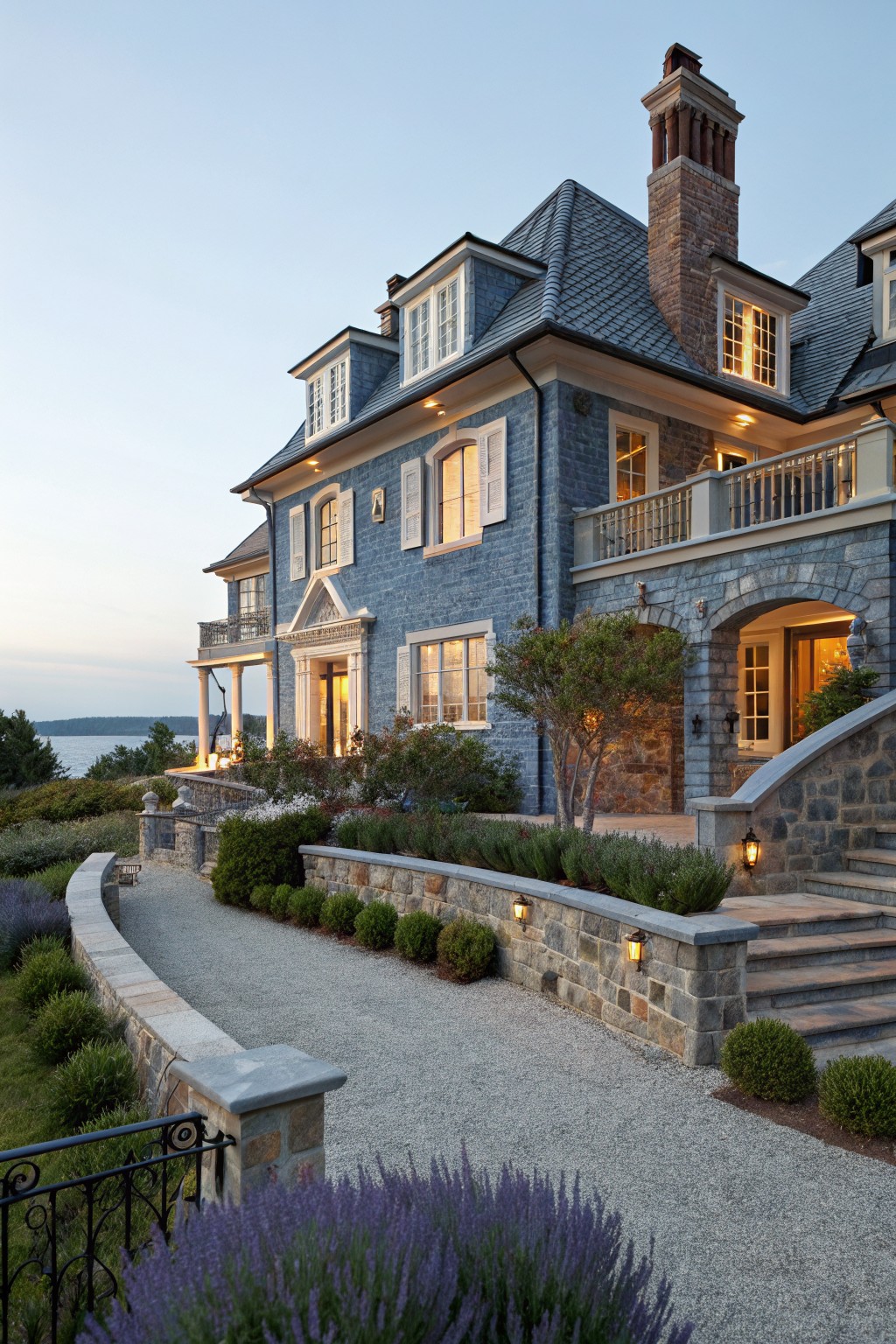 Two-story blue painted brick house exterior with slate roof, dormer windows, arched stone entryway, landscaped path, and lavender plants at dusk by the water.