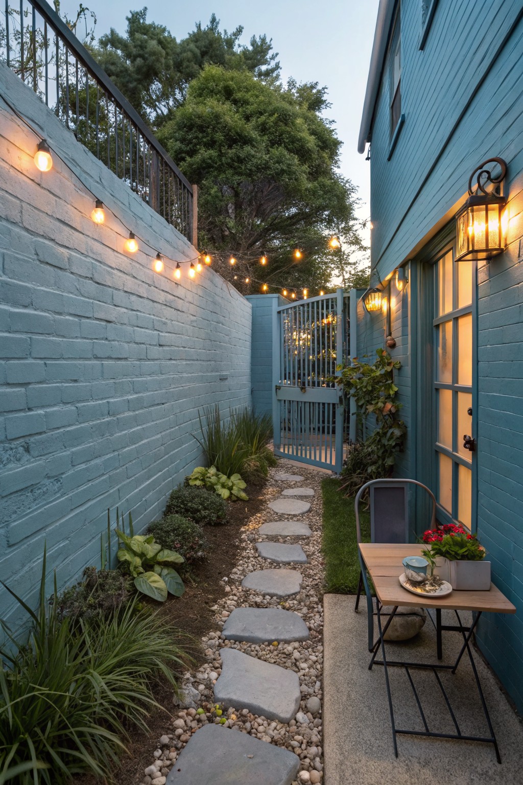 Narrow twilight passageway between tall blue painted brick walls with string lights overhead, greenery and plants along the base, irregular stepping stone path, open metal gate ahead, small wooden table and metal chair with teacup next to a lit door and window.