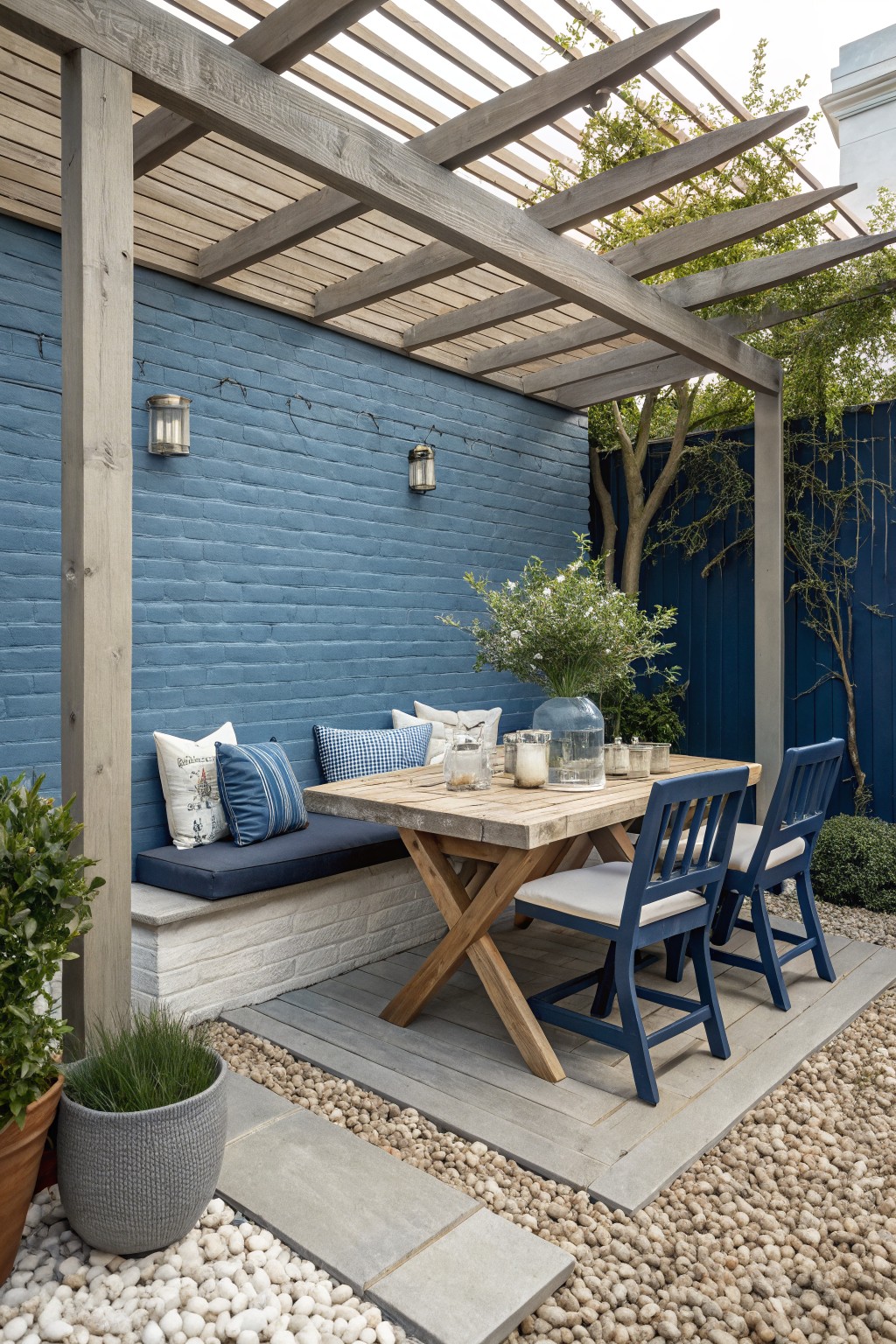 Outdoor dining area under wooden pergola with blue painted brick wall, built-in cushioned bench, wooden table, navy chairs, lanterns, potted plants, and gravel ground with stone pavers.