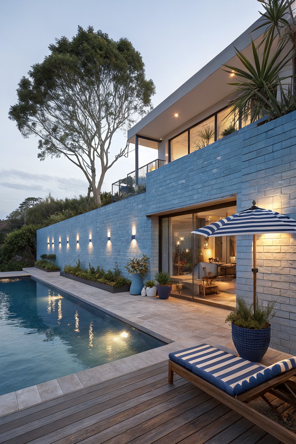 Side exterior view of a two-story modern house with blue brick walls next to a lit rectangular pool, timber decking, blue-striped lounge chair, potted plants, and wall lights at dusk.