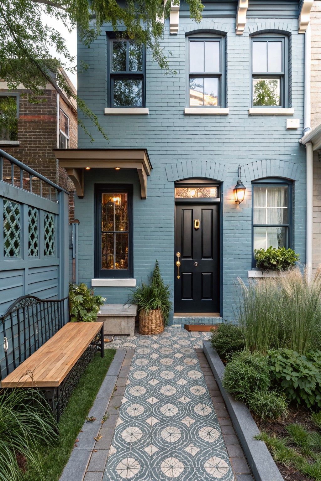 Blue painted brick townhouse exterior featuring a black front door with brass knocker, lantern light, arched window beside it, wrought iron fence, wooden bench, potted plants, and a patterned path leading to the steps.