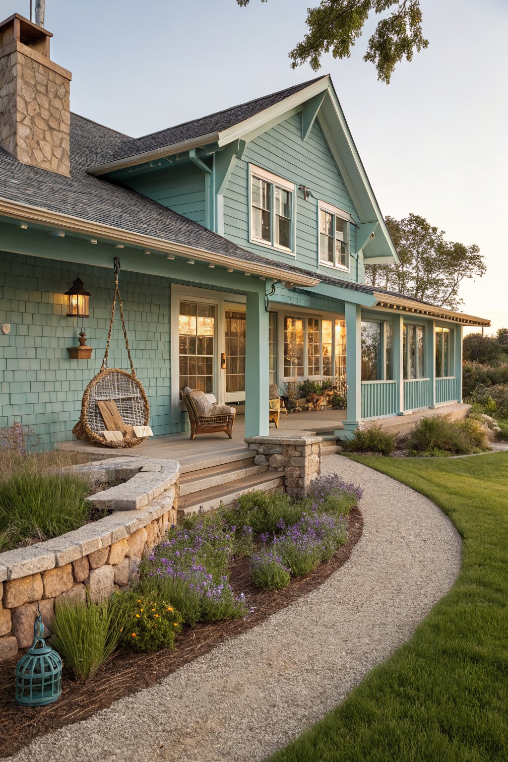 Side exterior of a light turquoise shingle house with wraparound porch, hanging rope swing, wood chairs, French doors, stone retaining wall, gravel pathway edged with purple flowers and grasses, and lawn at dusk.
