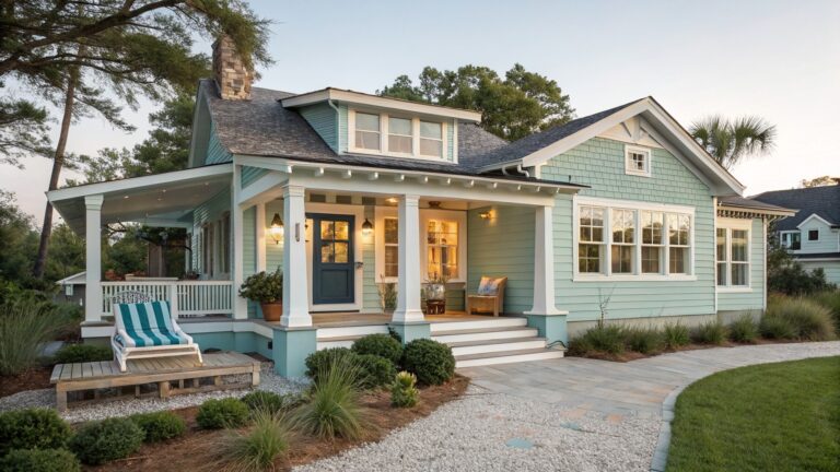 Two-story light blue shingled house with white trim, wraparound front porch, potted plants, stone steps, gravel path, and ornamental grasses in the landscaped yard at dusk.