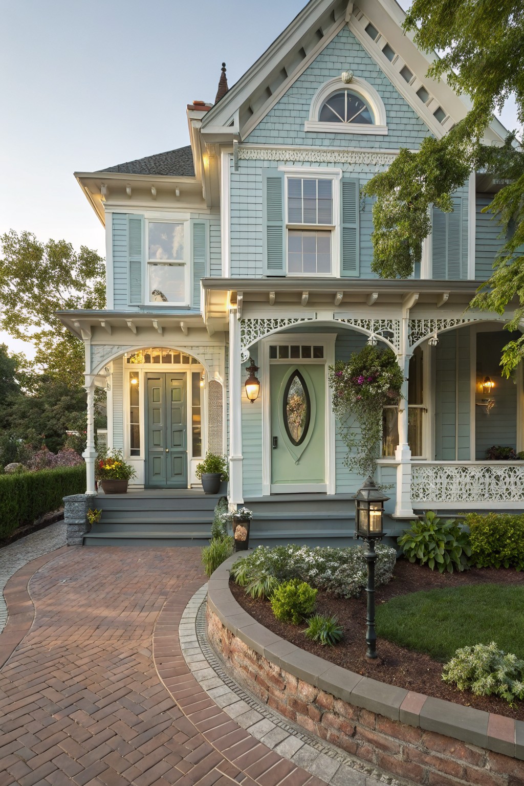 Pale blue shingle and clapboard house exterior in Victorian style with ornate white porch brackets and railings, mint green front door with oval window, paired lanterns, potted plants on steps, curved brick driveway, landscaping beds, and lamp post.