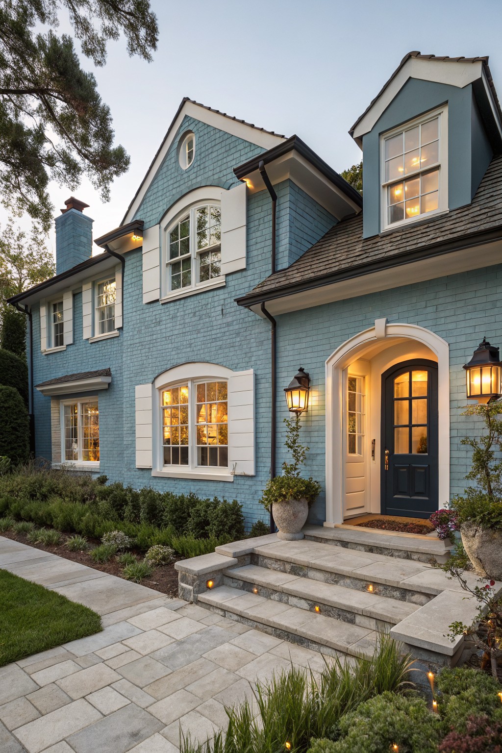 Two-story house exterior with light blue painted brick walls, white trim shutters on multi-pane windows, arched white entryway with dark wood glass door flanked by lanterns, stone steps, and low landscaping.