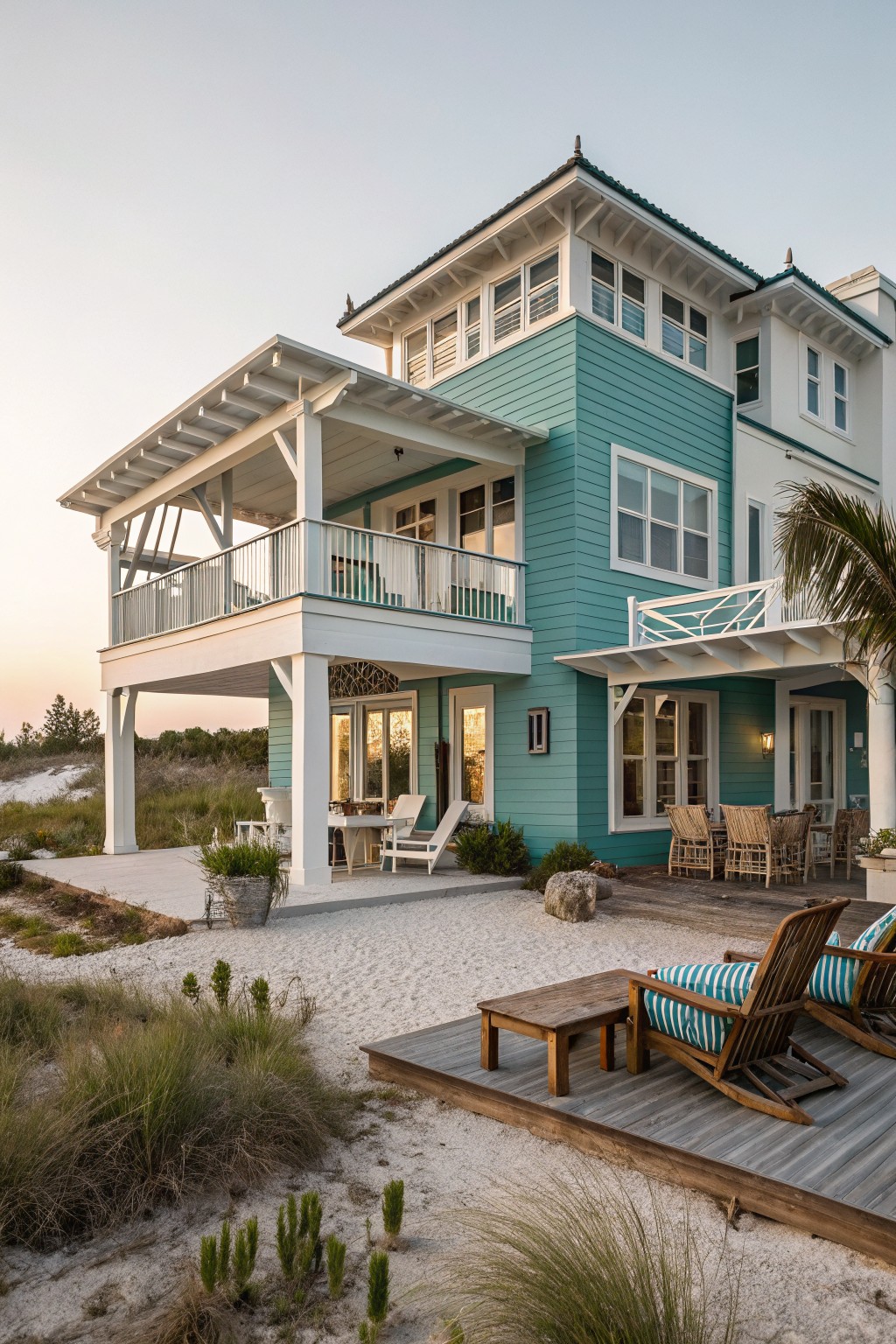 Multi-story house with turquoise clapboard siding, white trim, balconies, and porches overlooking white sand dunes, beach grass, and wooden deck with lounge chairs.