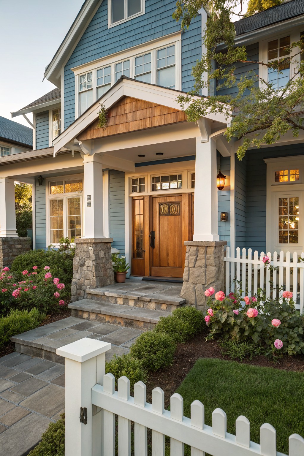 Front exterior of a blue shingle-sided house featuring a gabled covered porch with stone pillars, white columns, wooden double doors numbered 12, white picket fence, and pink rose bushes in the landscaped yard.