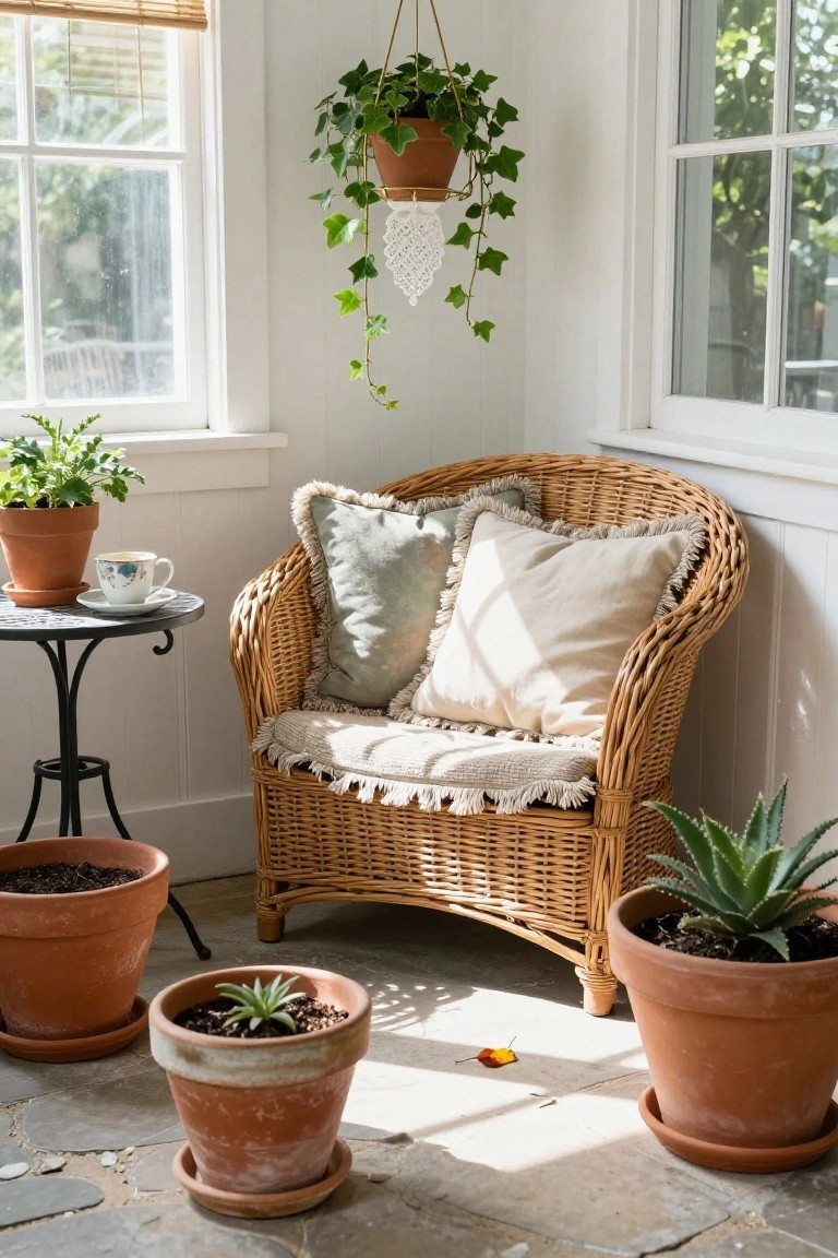 Wicker armchair with fringed pillows and cushions next to a small metal table holding a teacup and saucer, surrounded by potted plants including hanging ivy and aloe in a white-walled sunlit room with windows and bamboo blinds.