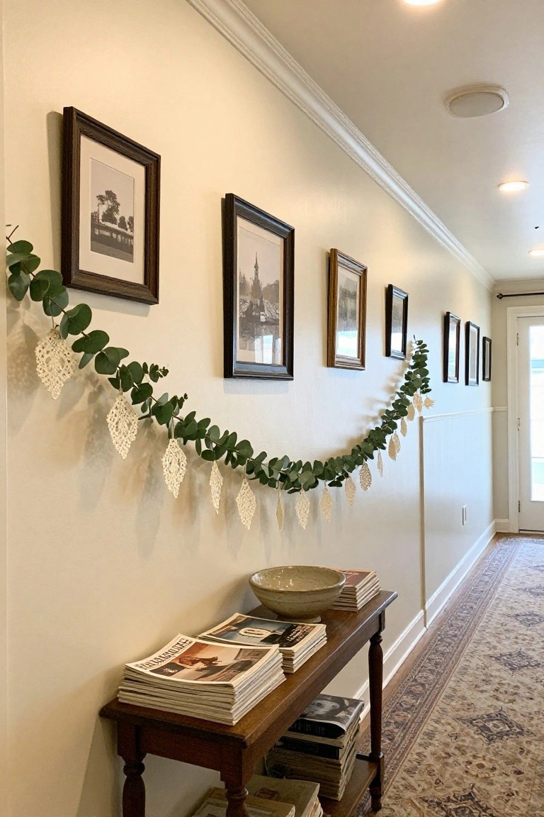 Hallway with framed photos, eucalyptus garland, wooden table, and stacked magazines.
