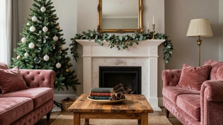 21 Lace Christmas Ornament Ideas That Add Romantic Vintage Detail Living room with tall Christmas tree decorated with white filigree and lace-like ball ornaments, gold ornate mirror above fireplace with green garland, pink velvet sofas, wooden coffee table with stacked books and pinecones in white dish.