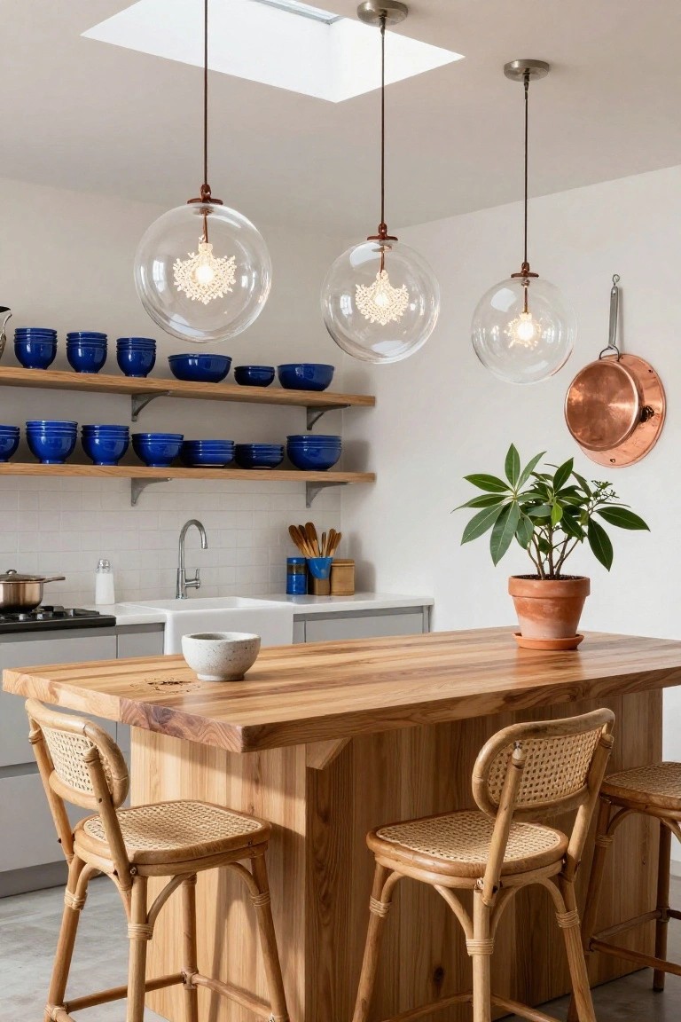 Kitchen with white subway tile walls, oak shelves holding blue ceramic bowls, wooden island topped with a white bowl, rattan bar stools, potted plant, copper pot on wall, and three clear glass pendant lights with intricate lacy bulb filaments suspended above the island.