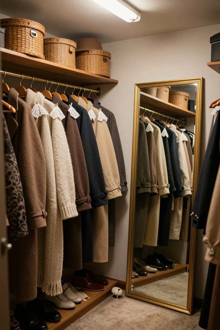 Walk-in closet featuring wooden shelves with wicker baskets, brass rods holding neutral coats and garments with white lace trim on collars, a tall gold-framed mirror reflecting the space, and shoes stored on lower wood racks.