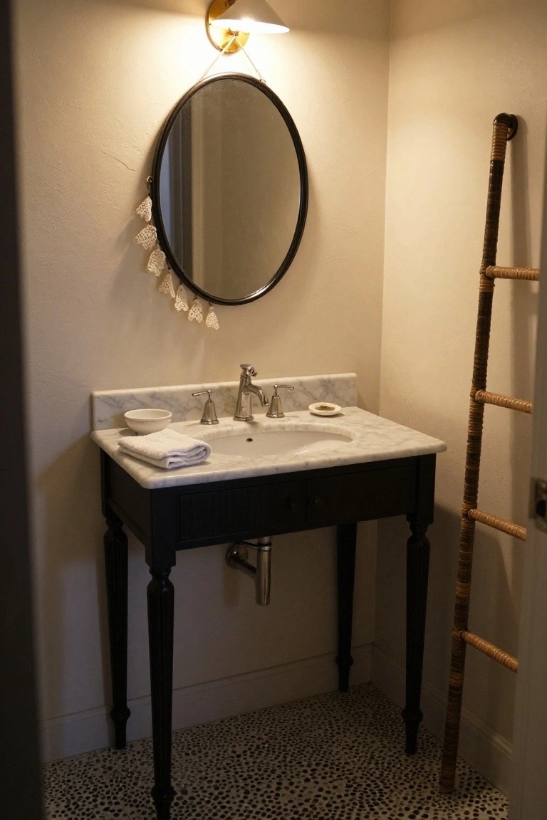 Small bathroom corner with black vanity cabinet topped by white marble sink, round black mirror hung with white lace tassel garland, brass wall sconce, rattan ladder towel rack, and black and white pebble floor tiles.