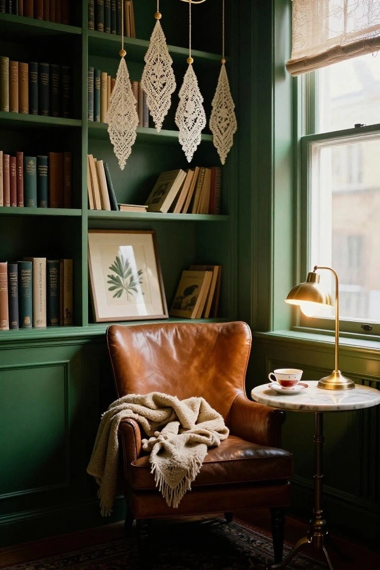 Cozy interior reading nook with dark green paneled walls and bookshelves, tan leather armchair with cream throw, marble side table holding teacup and saucer, brass lamp, framed botanical print, and white crocheted lace pendants hanging from ceiling near window.