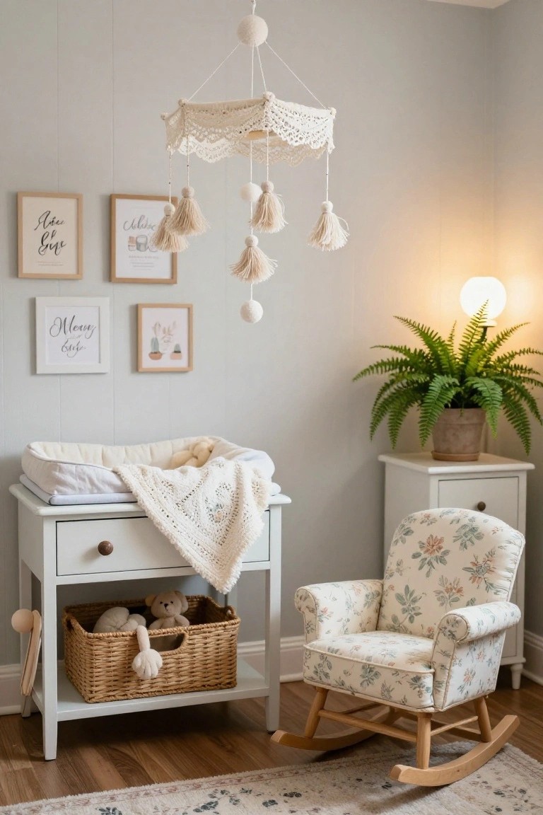Light gray nursery room featuring a white changing table with padded top, knit blanket, wicker toy basket below, floral upholstered rocking chair, wall art frames, potted fern, globe lamp, and white lace-trimmed mobile hanging from the ceiling.