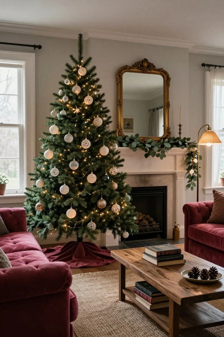 Living room with tall Christmas tree decorated with white filigree and lace-like ball ornaments, gold ornate mirror above fireplace with green garland, pink velvet sofas, wooden coffee table with stacked books and pinecones in white dish.