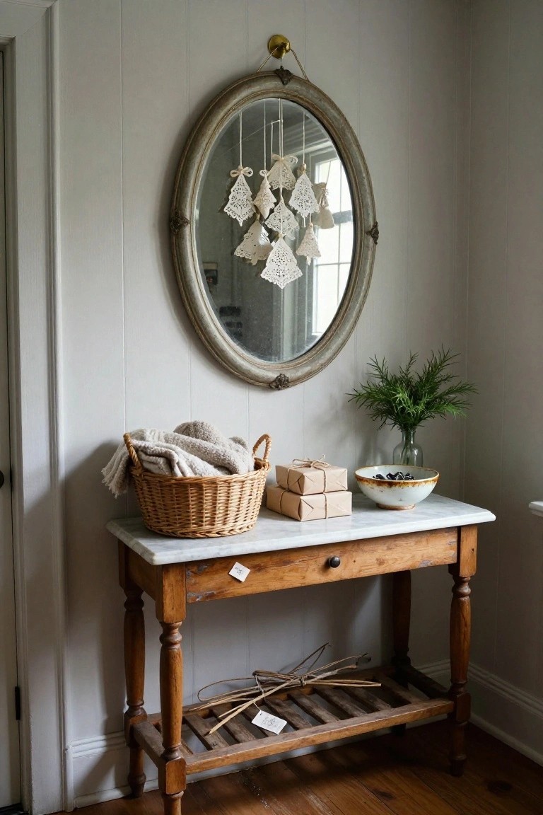 Vintage wooden console with marble top, lace ornaments, and woven basket.