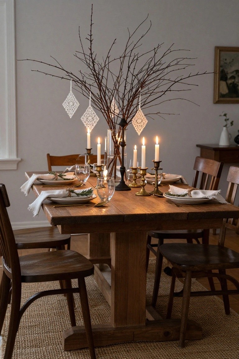 Wooden dining table set with white plates, fringed napkins tied with rosemary sprigs, brass candelabras with lit candles, glasses, and a tall central bare branch holding multiple white lace and beaded Christmas ornaments.