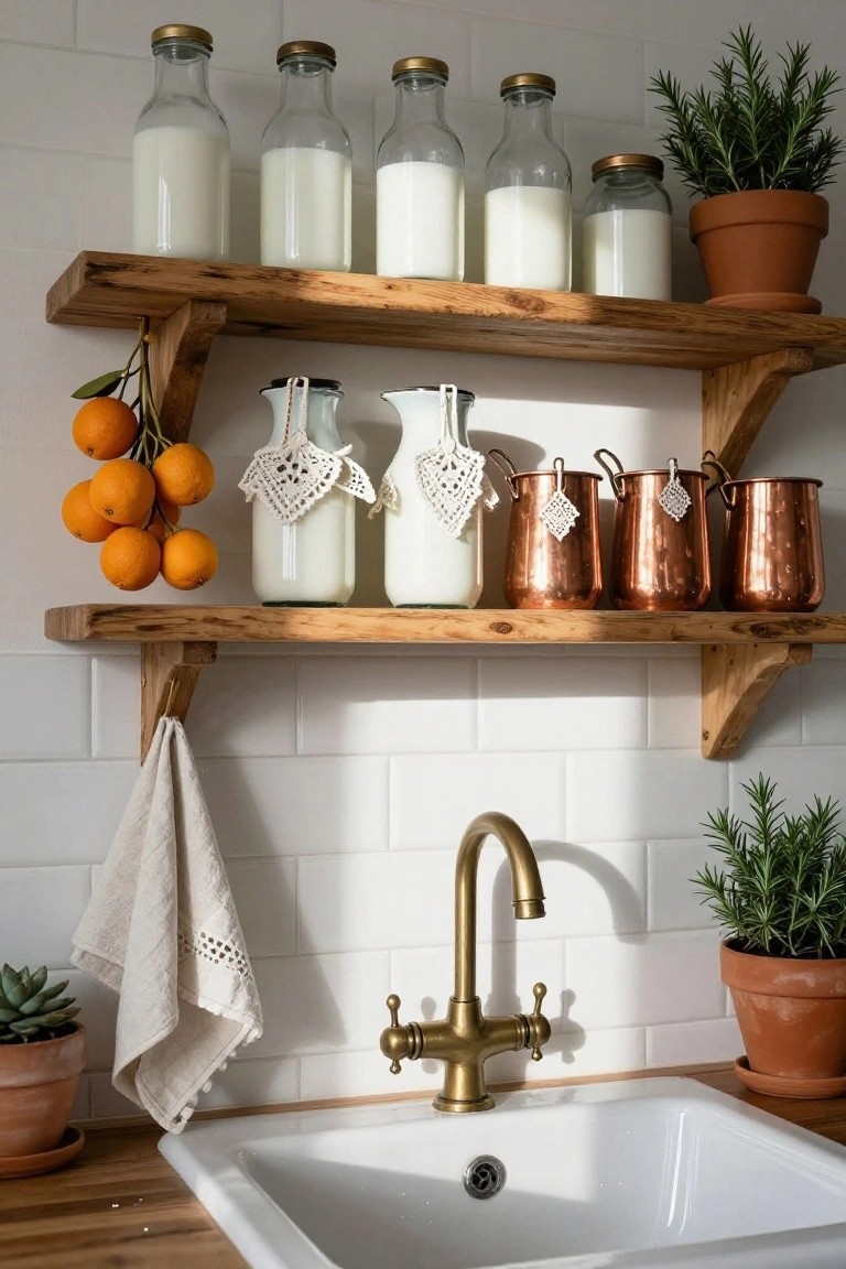Rustic wooden kitchen shelves holding glass milk bottles, a copper pitcher, and copper mugs with hanging white lace tags, alongside oranges and potted plants, with a brass faucet over a white sink and white tiled walls.