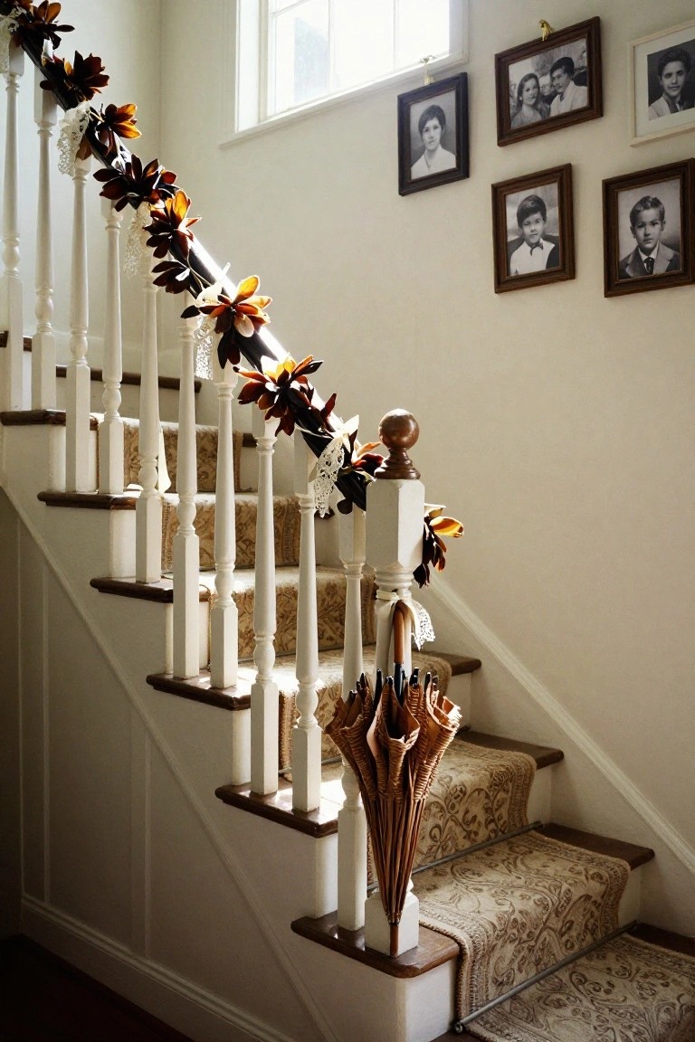 White wooden staircase with beige patterned carpet, decorated with brown magnolia leaf garland and white lace accents along the railing, vintage black-and-white family photos on the wall, and a brown wooden umbrella at the base holding similar garland.