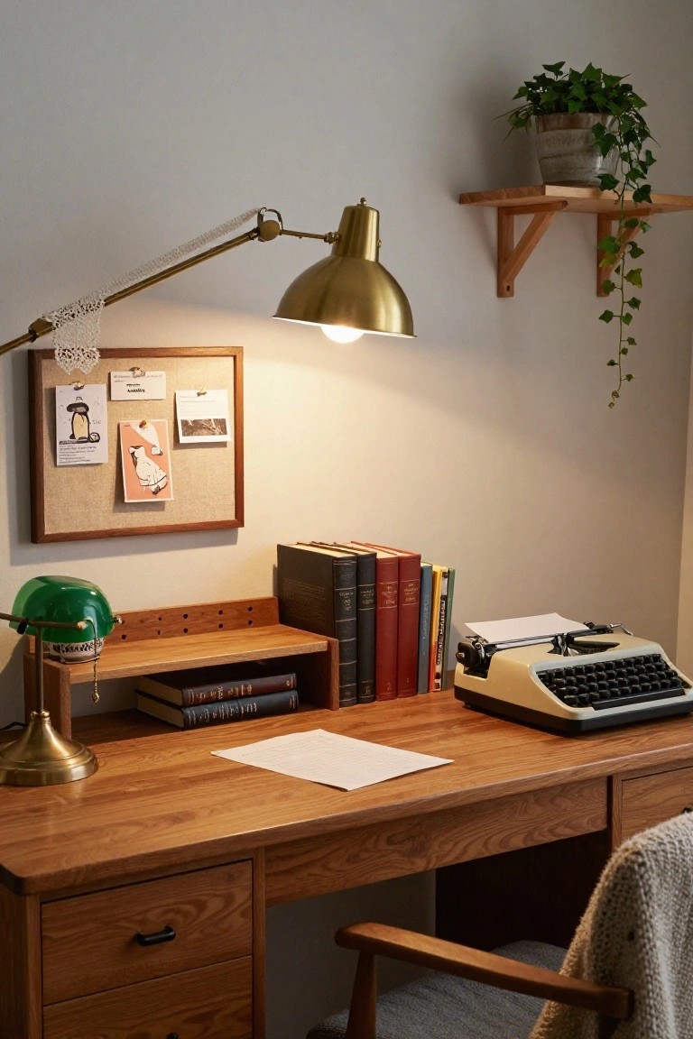 Wooden desk in cozy room with vintage typewriter, stacked books, green desk lamp, adjustable gold gooseneck lamp wrapped in white lace, cork bulletin board, and potted ivy plant on wall shelf.