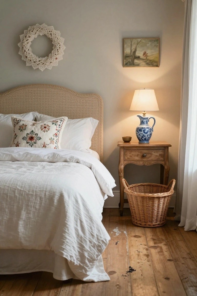 Cozy bedroom corner with white crocheted lace wreath on light gray wall above rattan headboard, white bed with embroidered pillows, wooden nightstand with blue and white vase lamp and wicker basket, next to white curtained window on hardwood floor.