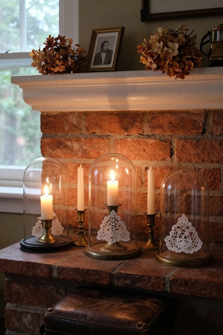Brick fireplace mantel with four lit candles in brass holders decorated with white lace doilies under glass domes, dried hydrangeas and framed photos on the white shelf above.
