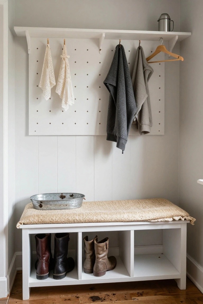 White pegboard wall with hooks holding white lace-trimmed towels, gray sweatshirts, and a wooden hanger above a wooden bench with seagrass cushion, galvanized metal tray, and tall boots in cubbies on a wood floor in a mudroom.
