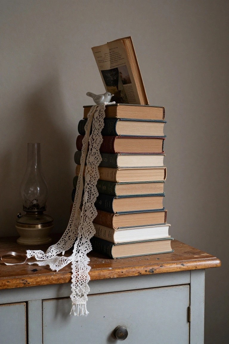 Stack of vintage books on a wooden surface with white lace draped over them, a small white ceramic bird on the top book, glass oil lamp nearby, and gray wooden cabinet in the background.