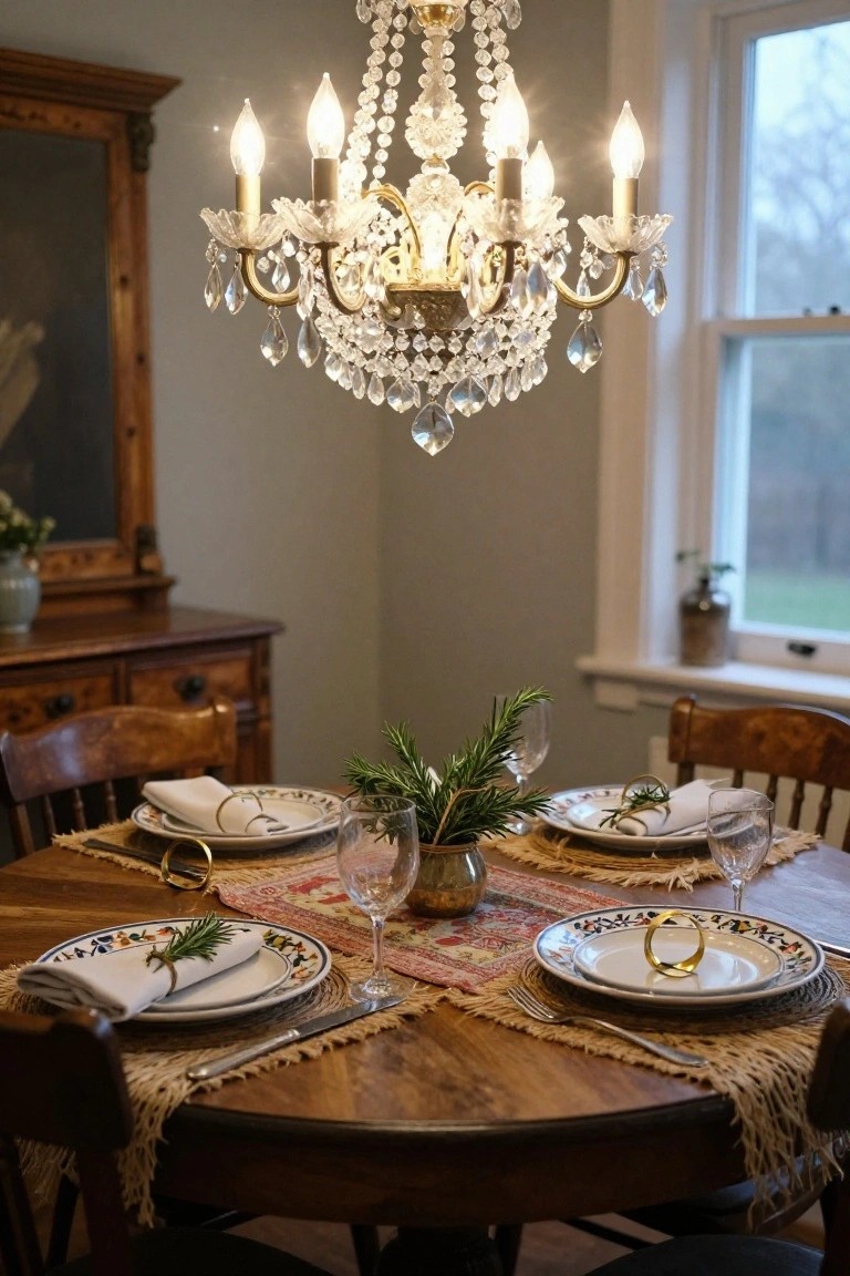 Close-up of a round wooden dining table set for four with white plates, gold napkin rings, wine glasses, rosemary sprigs, and colorful runners under a sparkling multi-arm crystal chandelier in a cozy room with wooden chairs and an antique sideboard.