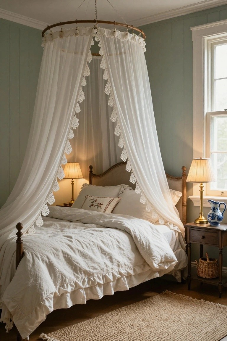 Bedroom interior featuring a white bed with sheer canopy draped from a circular wooden hoop with lace-trimmed edges, sage green paneled walls, wooden bed frame, two bedside lamps, and a blue and white jug on a nightstand.