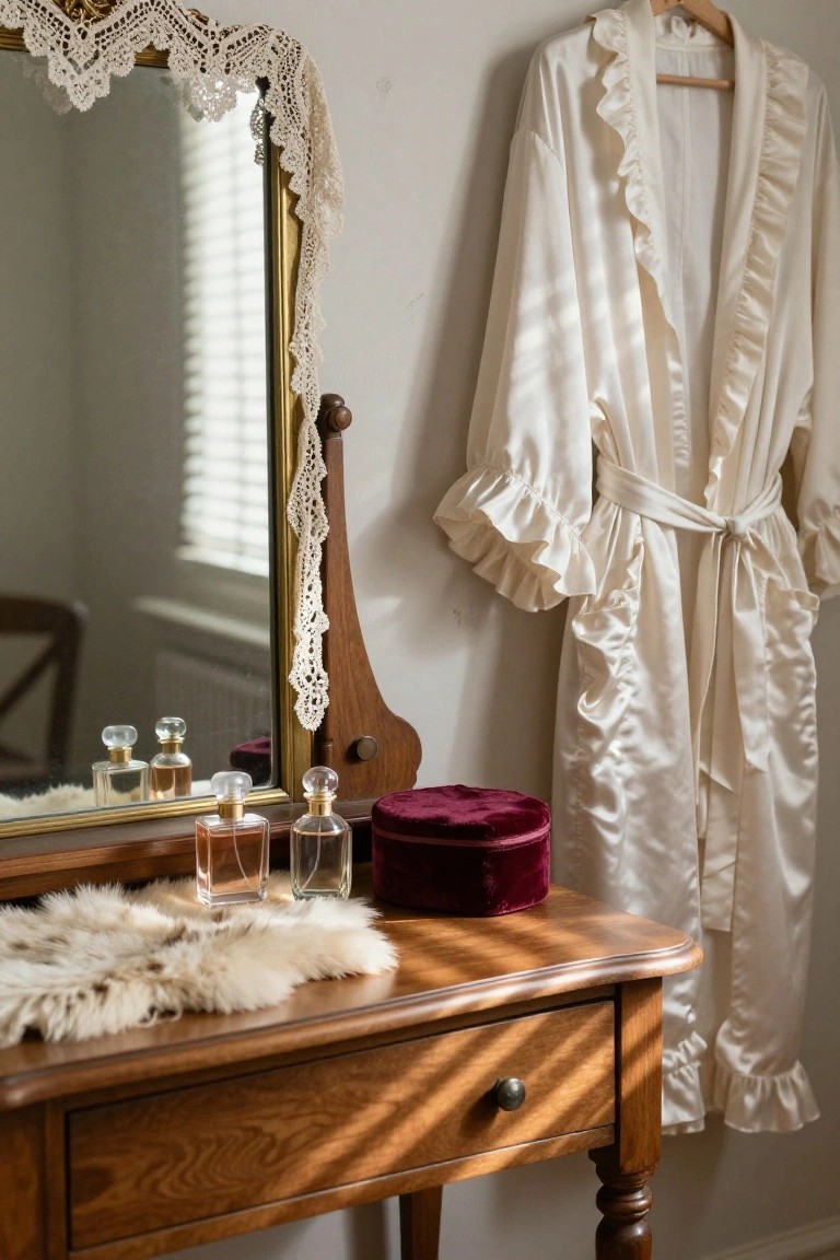 Ornate gold-framed mirror with white lace trim draped over the top and sides, above a wooden vanity holding perfume bottles, a red velvet box, and white faux fur mat, with a white satin robe hanging on the wall nearby.