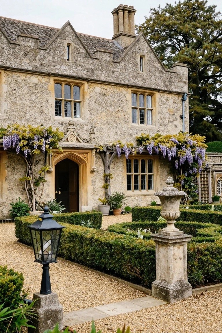 Stone house exterior featuring a wooden arched doorway covered in purple wisteria vines, with stone walls, leaded windows, boxwood hedges, gravel path, and black lanterns.