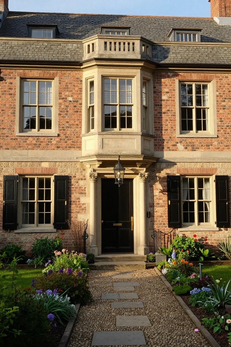 Two-story red brick house with pale stone bay window and entry porch, black front door under lantern, multi-pane windows with shutters, slate roof, and gravel path through bordered flower beds.