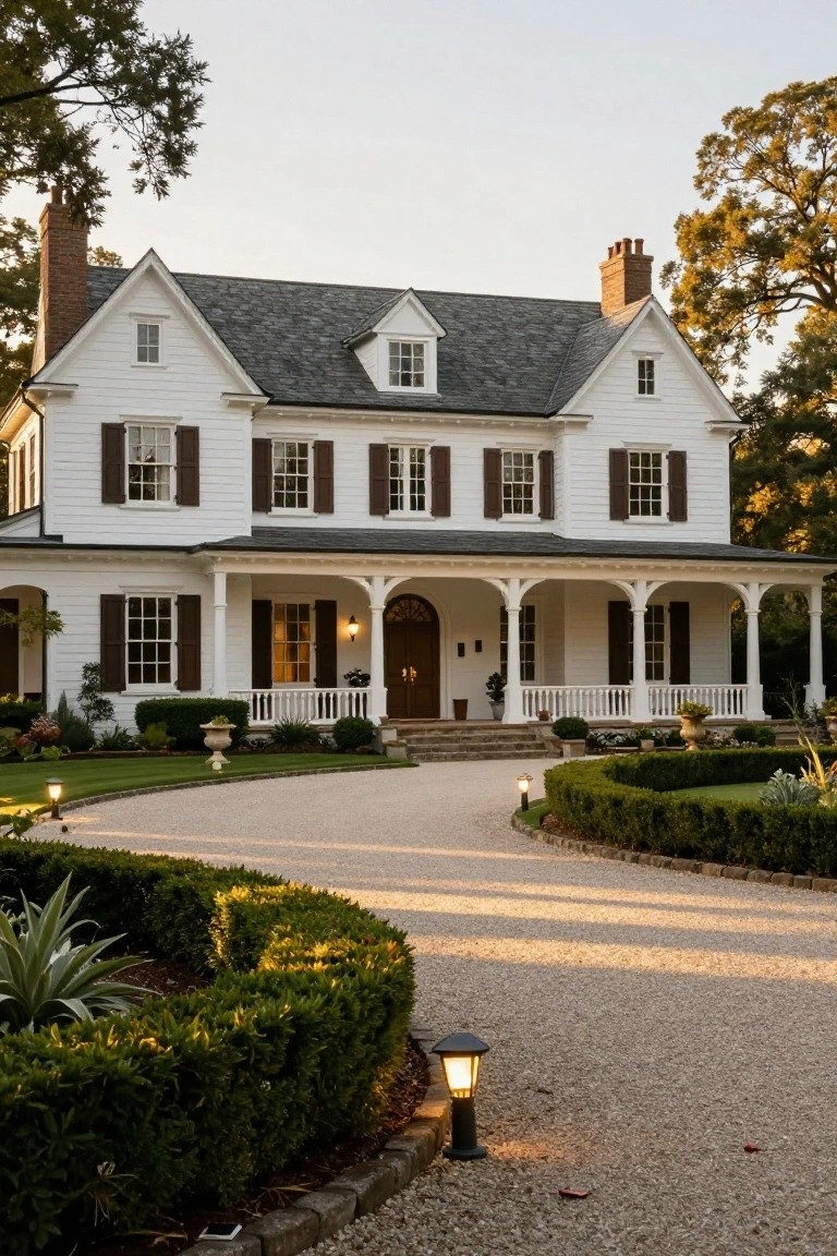 Large two-story white colonial house with dark shutters, gabled roof, wraparound porch, brick chimneys, and curved gravel driveway bordered by hedges and lamps at dusk.