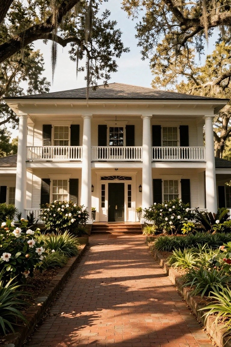 Two-story white colonial house with tall fluted columns supporting a balcony and porch, black shutters on multi-pane windows, brick pathway lined with flowering shrubs and plants, surrounded by large oak trees draped in Spanish moss.