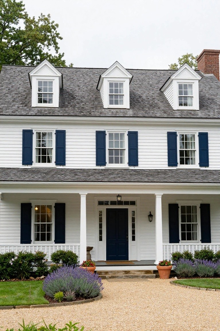 White two-story colonial house with navy blue shutters on multi-pane windows, gabled roof with dormers, columned front porch, dark blue door, and gravel entry path with lavender plants and shrubs.