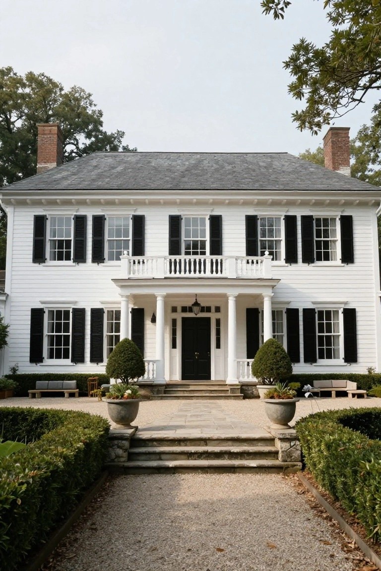 A two-story white clapboard colonial house with black shutters, gray slate roof, brick chimneys, columned portico entrance with black door, stone steps, gravel path, boxwood hedges, potted plants, and benches.