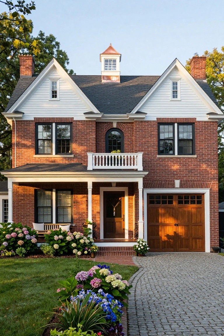A two-story red brick colonial house with white gabled roofs, black-framed windows, a front porch balcony, wooden garage door, and hydrangea plantings along a cobblestone driveway.