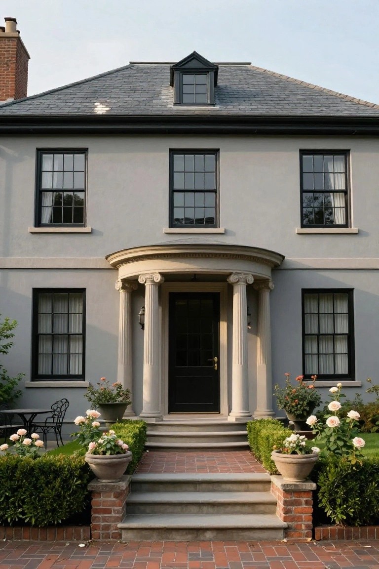 Two-story gray house exterior with black-framed windows, slate roof, central pedimented portico supported by stone columns, black front door, brick steps, and boxwood hedges with potted roses.