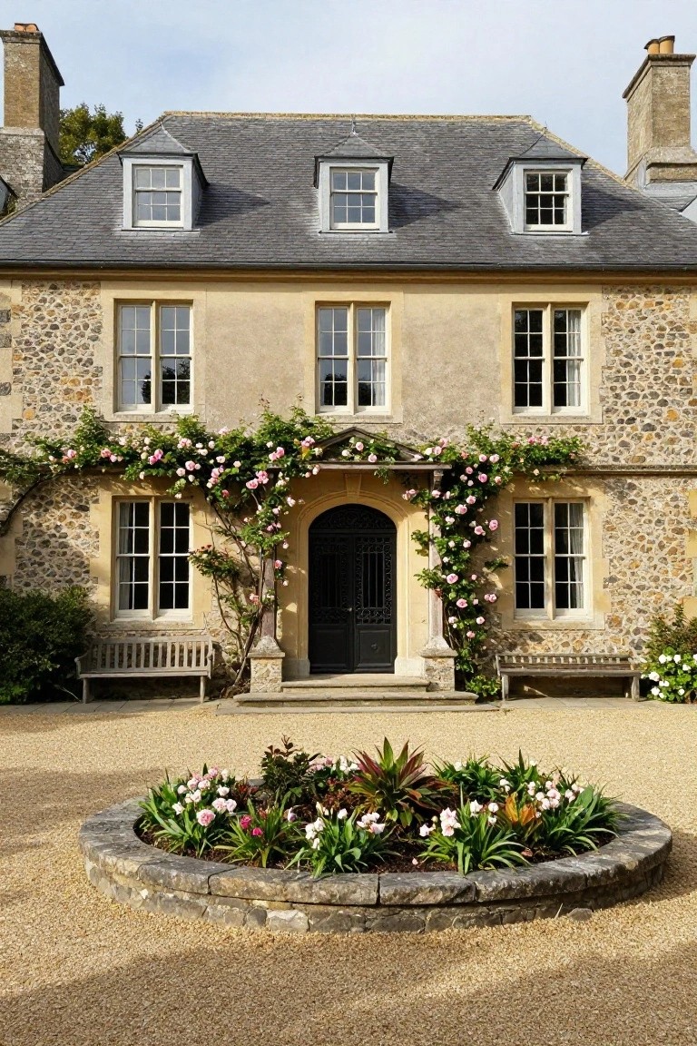 Two-story beige stucco house with flint stone walls, slate roof, dormer windows, pink climbing roses over a black arched front door, wooden benches on each side, and a circular flower bed in a gravel driveway.
