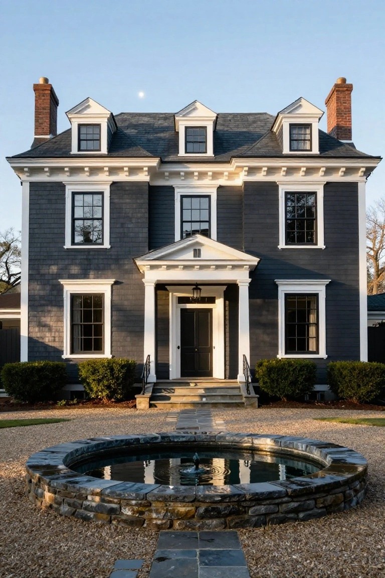 Front exterior of a two-story colonial house painted dark gray shingles with white trim, black windows, brick chimneys, central white portico with black door and lanterns, boxwood shrubs on sides, and circular stone fountain on gravel foreground with stone path.
