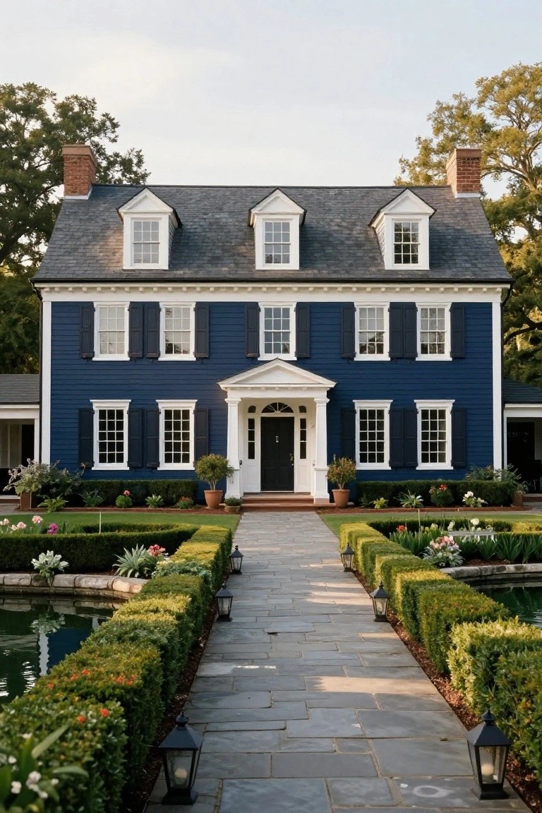 A two-story navy blue colonial-style house with white trim, gabled slate roof, brick chimneys, columned portico entry, flanked by manicured hedges, flower beds, a reflecting pool, and a slate stone pathway.