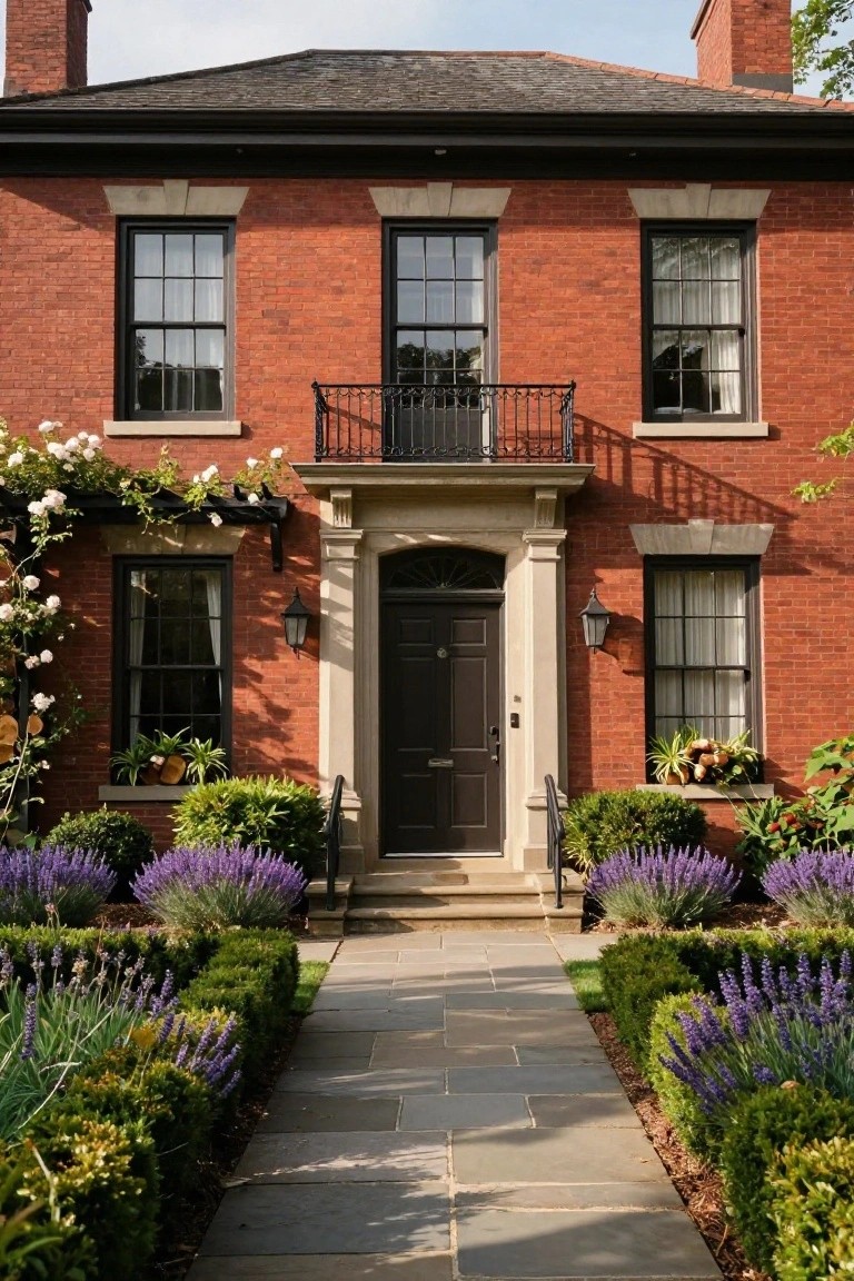 Two-story red brick house with black-framed multi-pane windows, centered dark wood front door in stone surround with lanterns, second-floor iron balcony, slate walkway bordered by boxwood hedges and lavender plants.