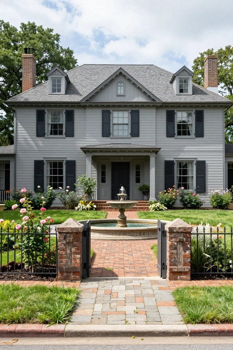 A two-story gray clapboard colonial house with black shutters, gabled roof, covered entry porch, central black door, brick pathway, stone fountain, iron gate, flower beds, and lawn in the front yard.