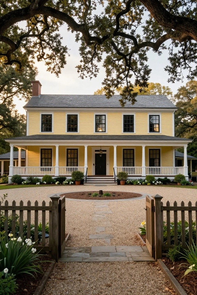 A two-story yellow colonial house with black-framed windows, white porch columns, brick chimney, and gray roof, approached by a gravel driveway through a wooden picket fence gate under oak trees.