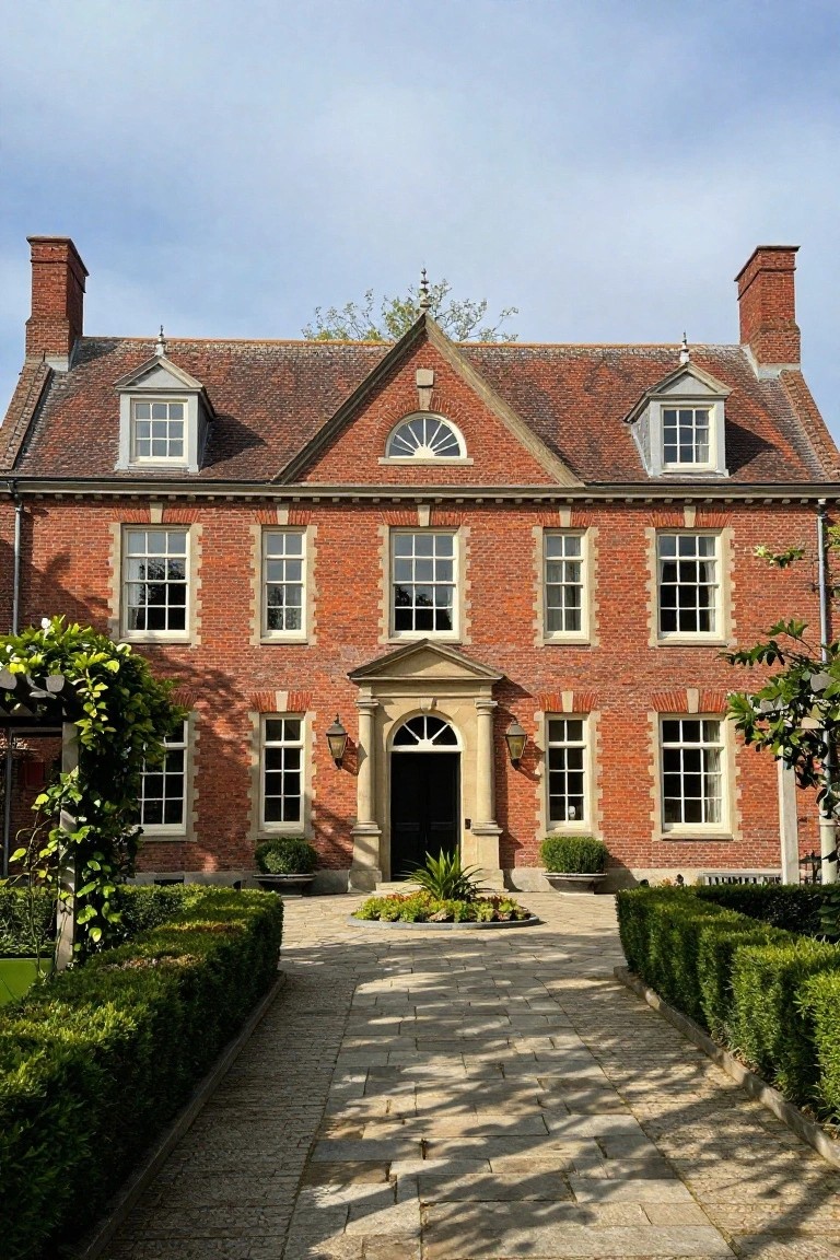 A large two-story red brick house with symmetrical multi-pane windows, a central pedimented stone entrance with lanterns, potted plants nearby, and boxwood hedges lining a straight stone pathway.