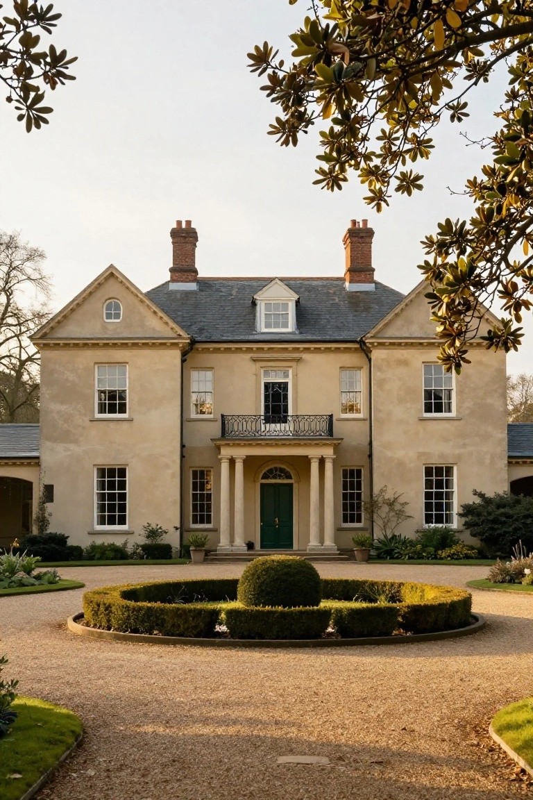 Beige stucco Georgian-style mansion with symmetrical facade, central columned portico, green front door, upper balcony, slate roof with chimneys, circular gravel driveway edged by boxwood hedge, and surrounding gardens with magnolia branches overhead.