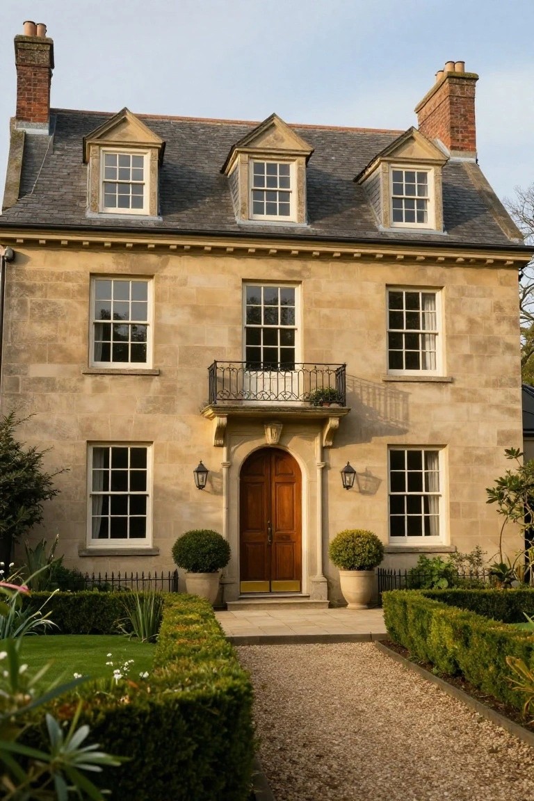 Three-story beige stone house with slate roof, multiple sash windows, dormers, central arched wooden entry door with lanterns, wrought-iron balcony, and boxwood shrubs along a gravel path in the front yard.