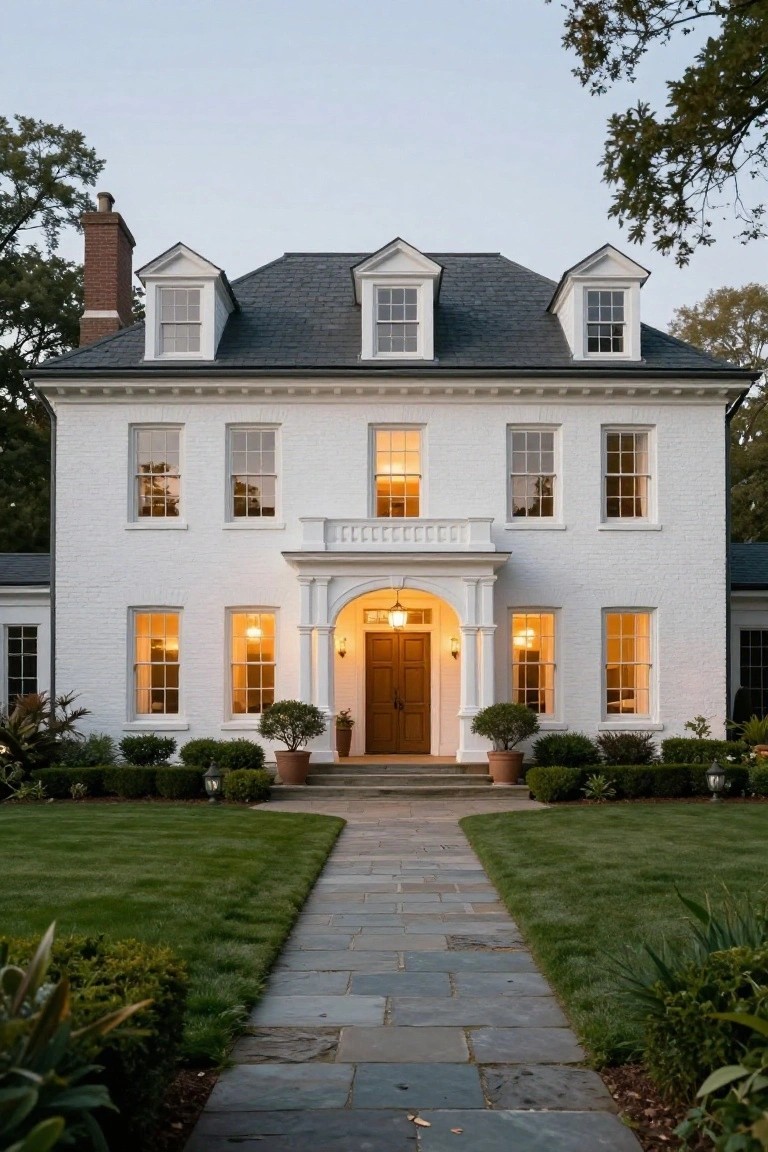 A two-story white brick colonial house with a dark slate roof, dormer windows, brick chimney, columned portico entrance, stone pathway, and surrounding lawn and shrubs at dusk.